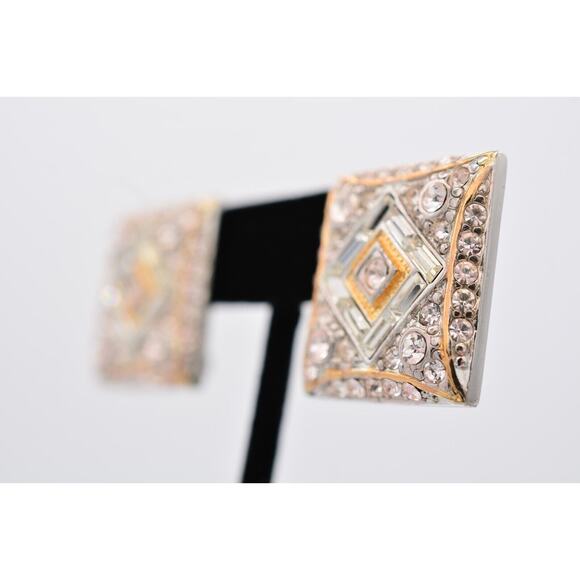 Vintage Crystal Clip On Earrings Statement Bold Costume Jewelry Chunky 80s BinAE - Picture 2 of 12